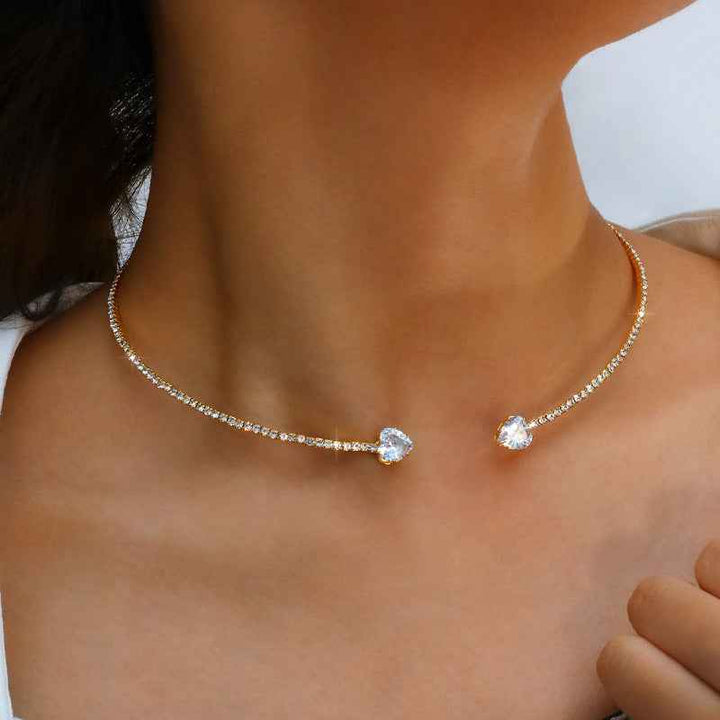 Structured Rhinestone Heart Choker Necklace Gold
