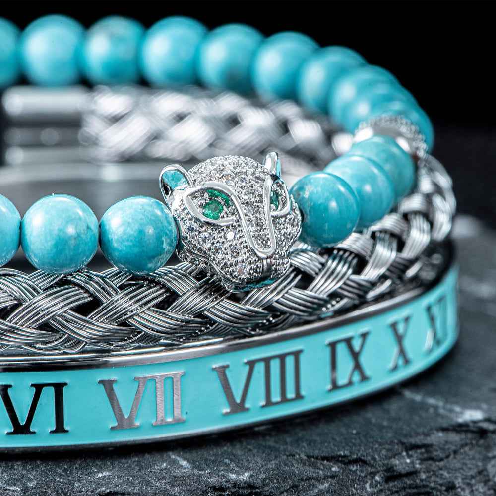 Three-Piece Panther Head Charm Braided Bracelet Set