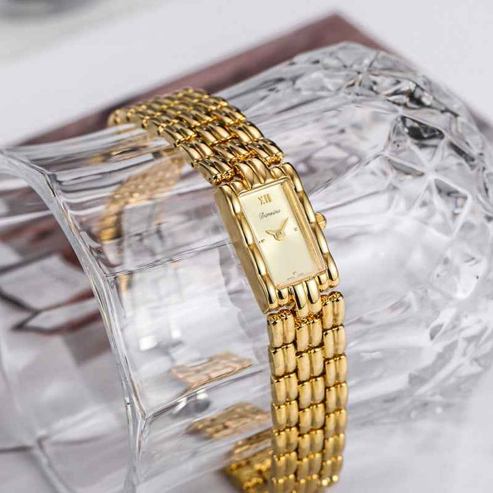 Rectangular Roman Numeral Dial Link Wrist Watch Gold