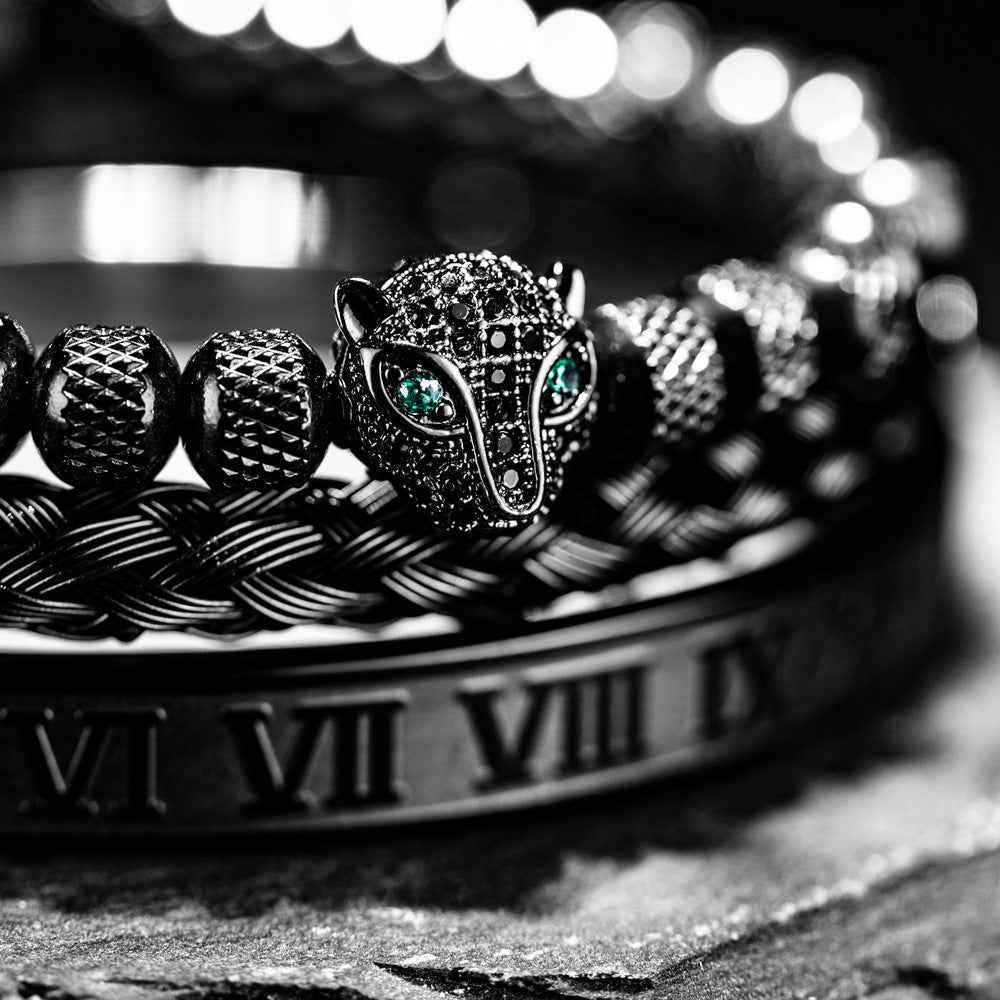 Three-Piece Panther Head Charm Braided Bracelet Set