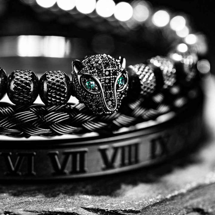 Three-Piece Panther Head Charm Braided Bracelet Set