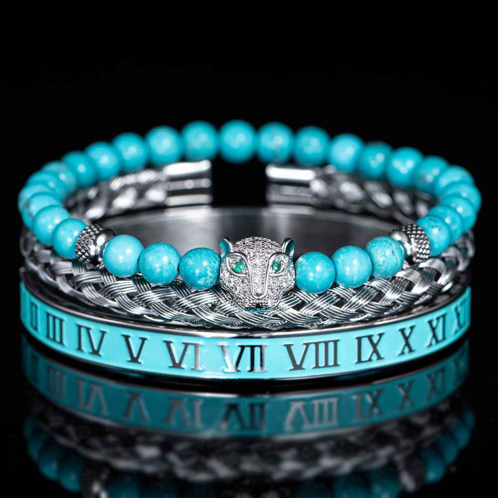 Three-Piece Panther Head Charm Braided Bracelet Set Sky Blue Silver
