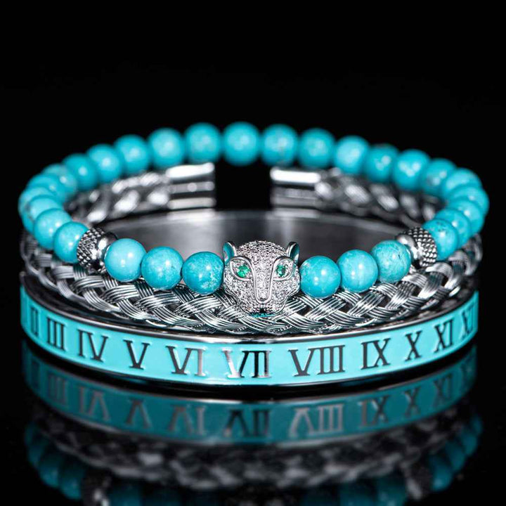 Three-Piece Panther Head Charm Braided Bracelet Set Sky Blue Silver