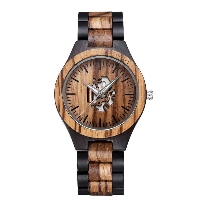 Wooden Skeleton Dial Analog Wristwatch | Durable Timepiece Golden Zebrawood