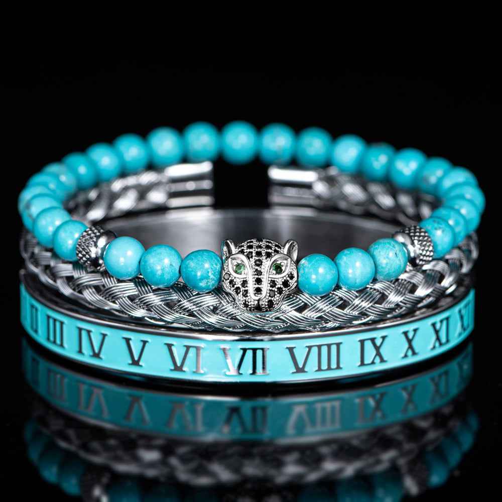 Three-Piece Panther Head Charm Braided Bracelet Set Sky Blue Black