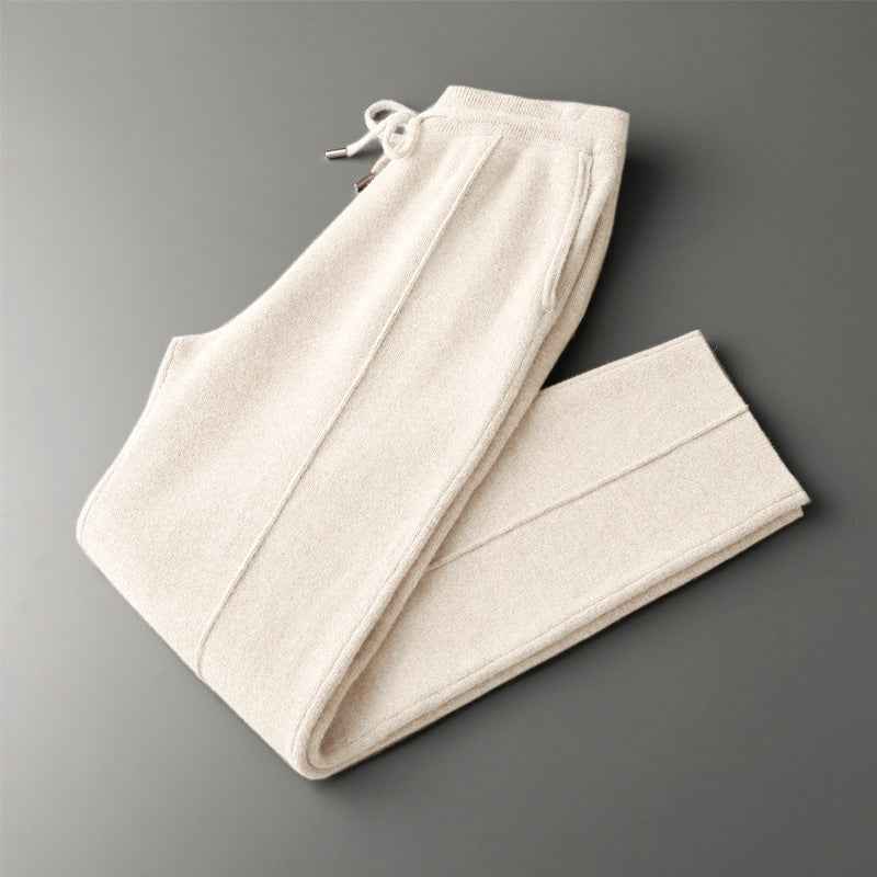 Women's Relaxed Fit Wool-Blend Trousers with Drawstring Waist and Side Pockets Beige