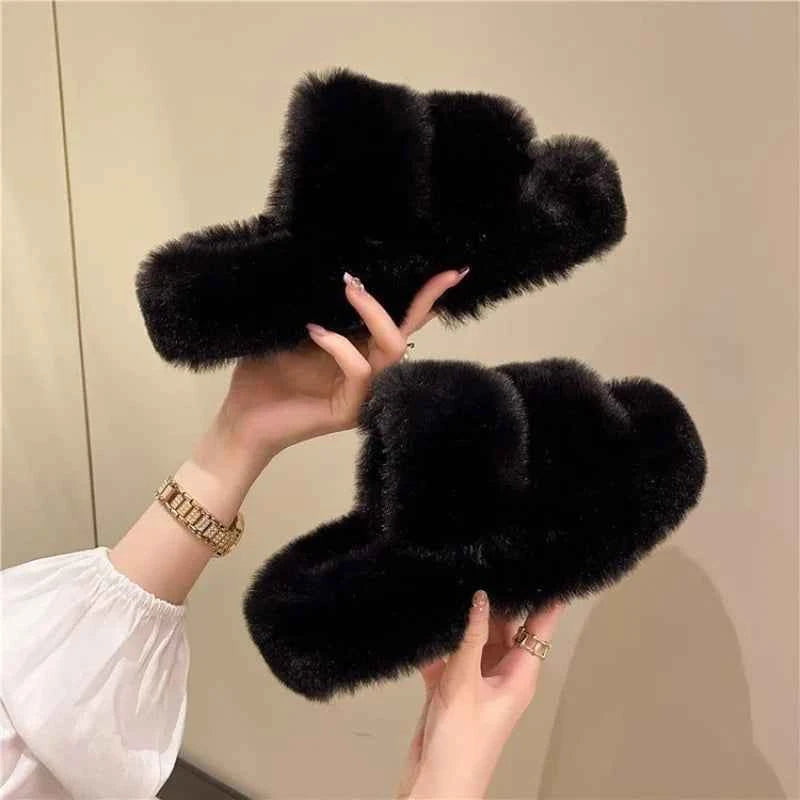 Women's Platform Plush Cotton Slippers – Thick Sole Indoor Fur Slides Black