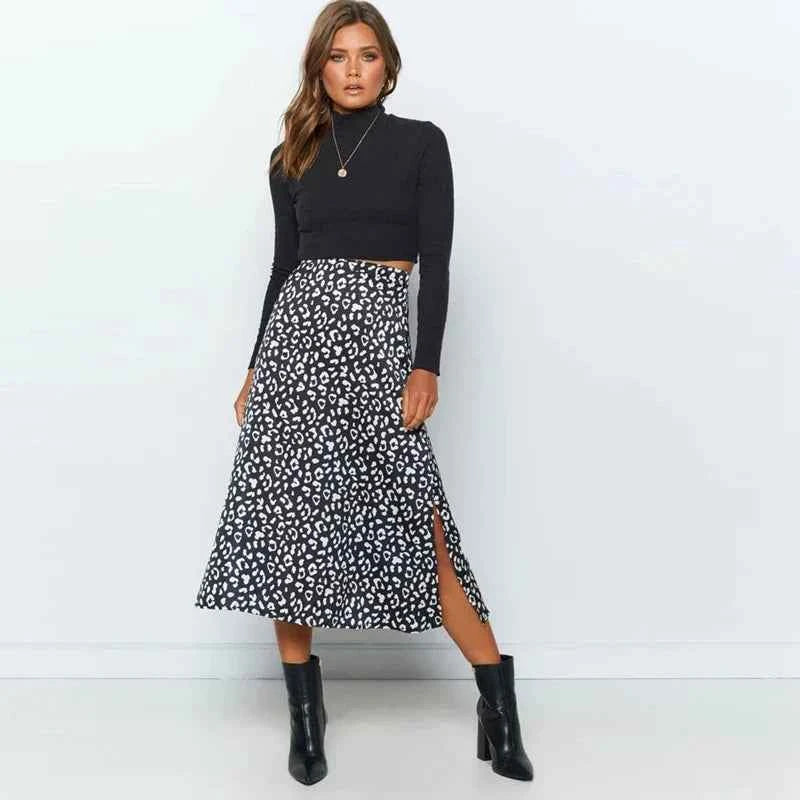 Womens's Leopard Print Midi Skirt with Slit Black