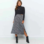 Womens's Leopard Print Midi Skirt with Slit Black