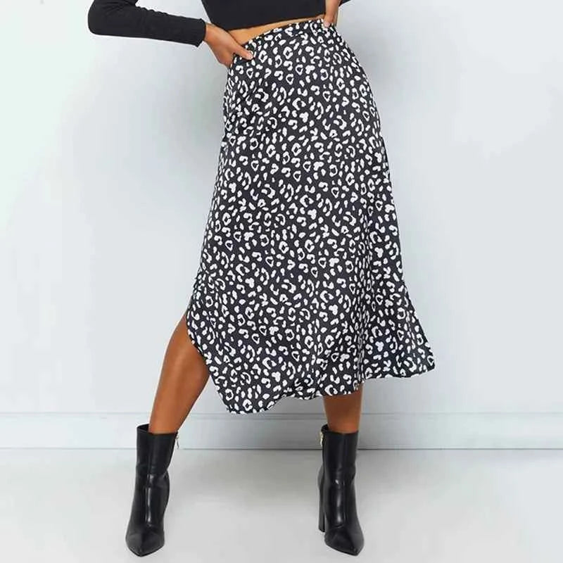 Womens's Leopard Print Midi Skirt with Slit