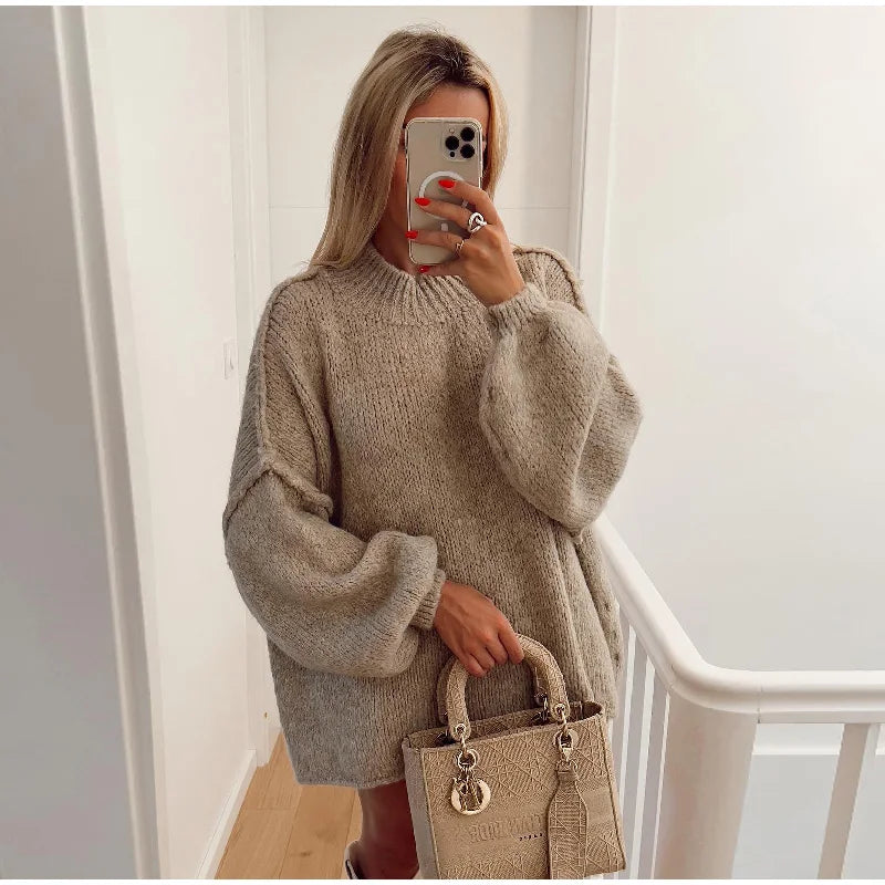 Women's Fluffy Oversized Knit Sweater Khaki