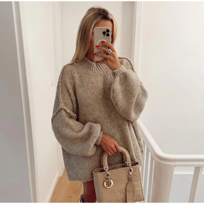 Women's Fluffy Oversized Knit Sweater Khaki