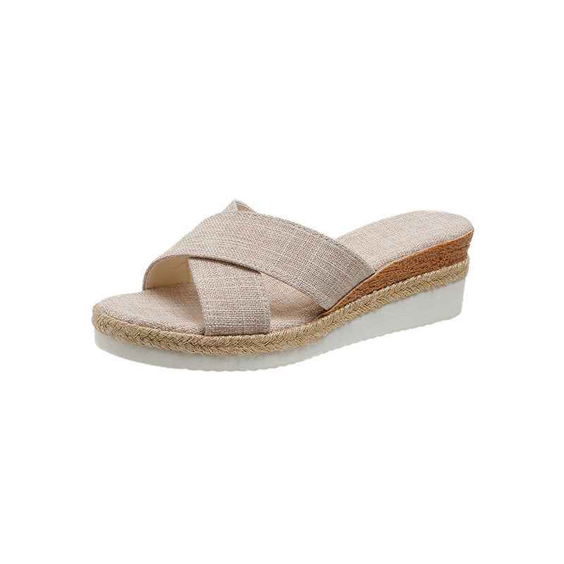 Emma | Elegant Women's Hemp Wedge Sandals with Platform Apricot