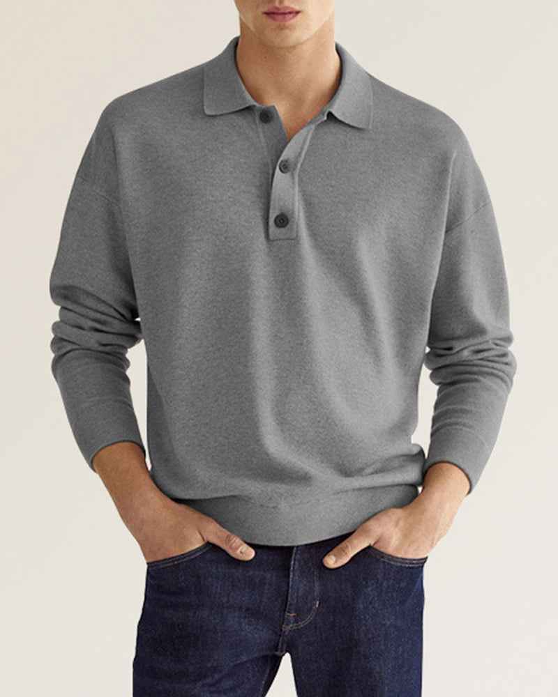 Men's Long Sleeve Polo Shirt - Relaxed Fit - Breathable Cotton Blend Grey