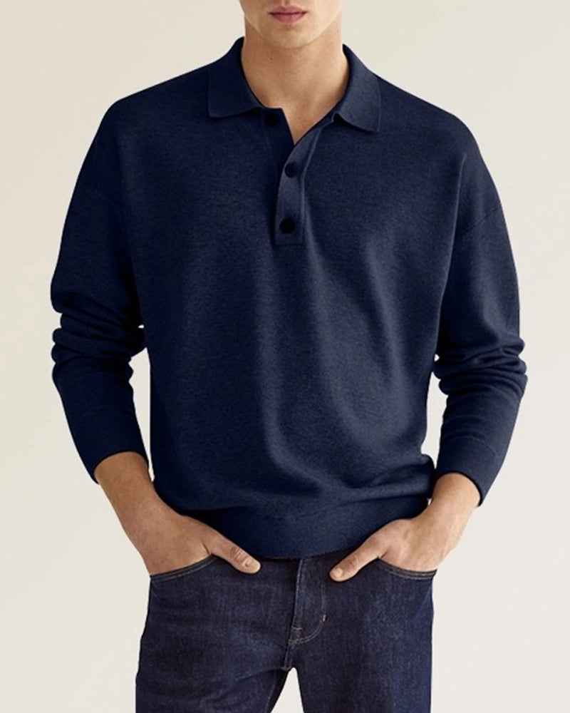 Men's Long Sleeve Polo Shirt - Relaxed Fit - Breathable Cotton Blend Dark Blue
