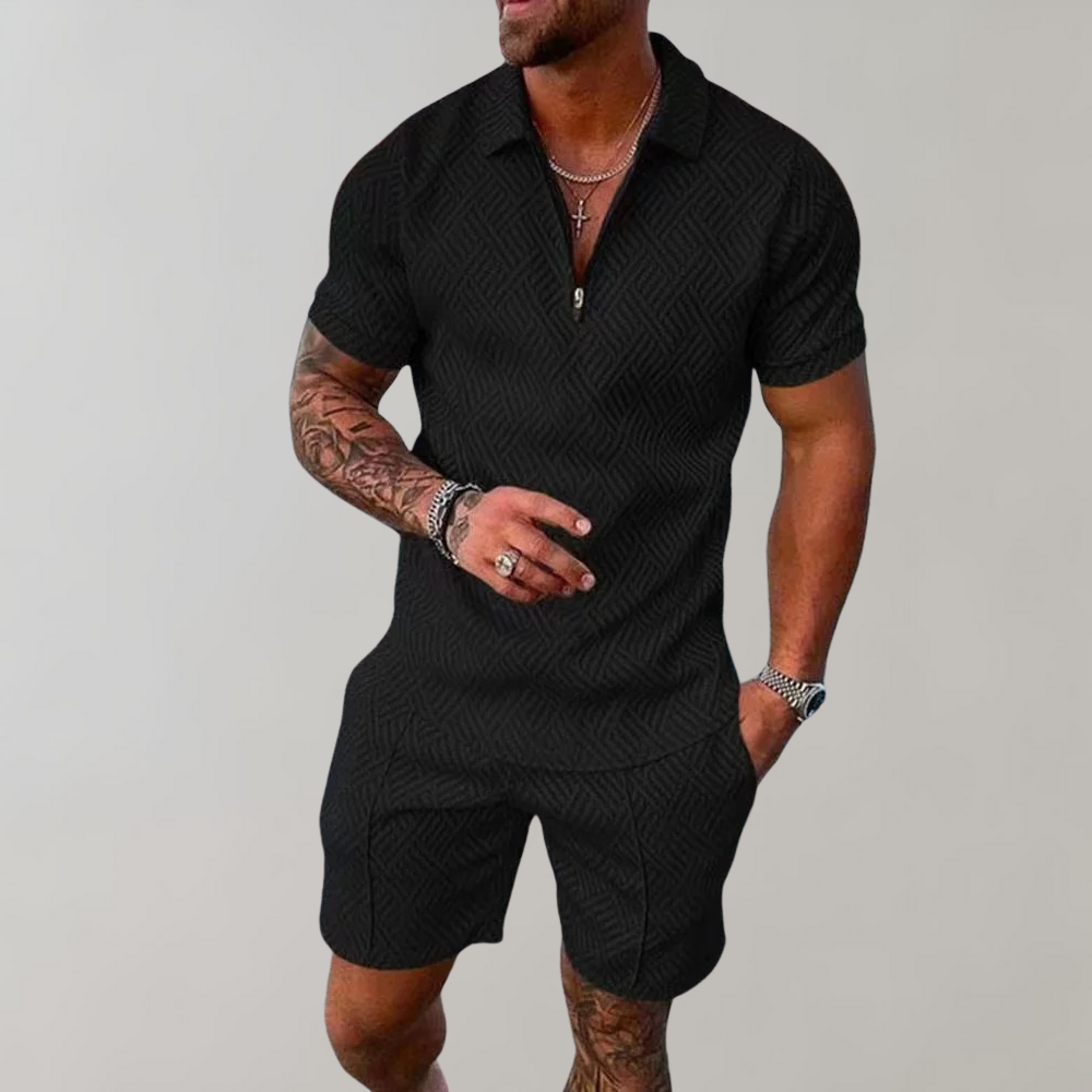 Men's Summer Two-Piece Set (Shorts + Polo Shirt) Black