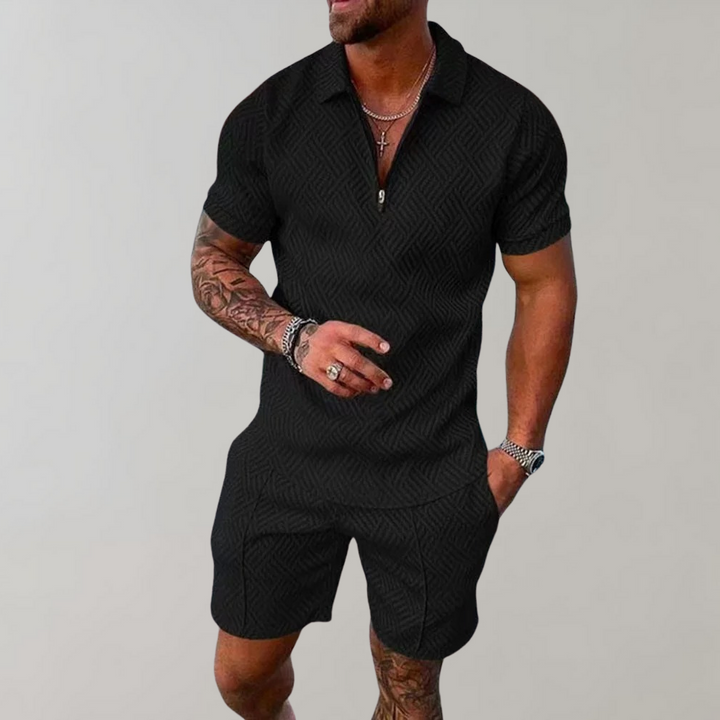 Men's Summer Two-Piece Set (Shorts + Polo Shirt) Black