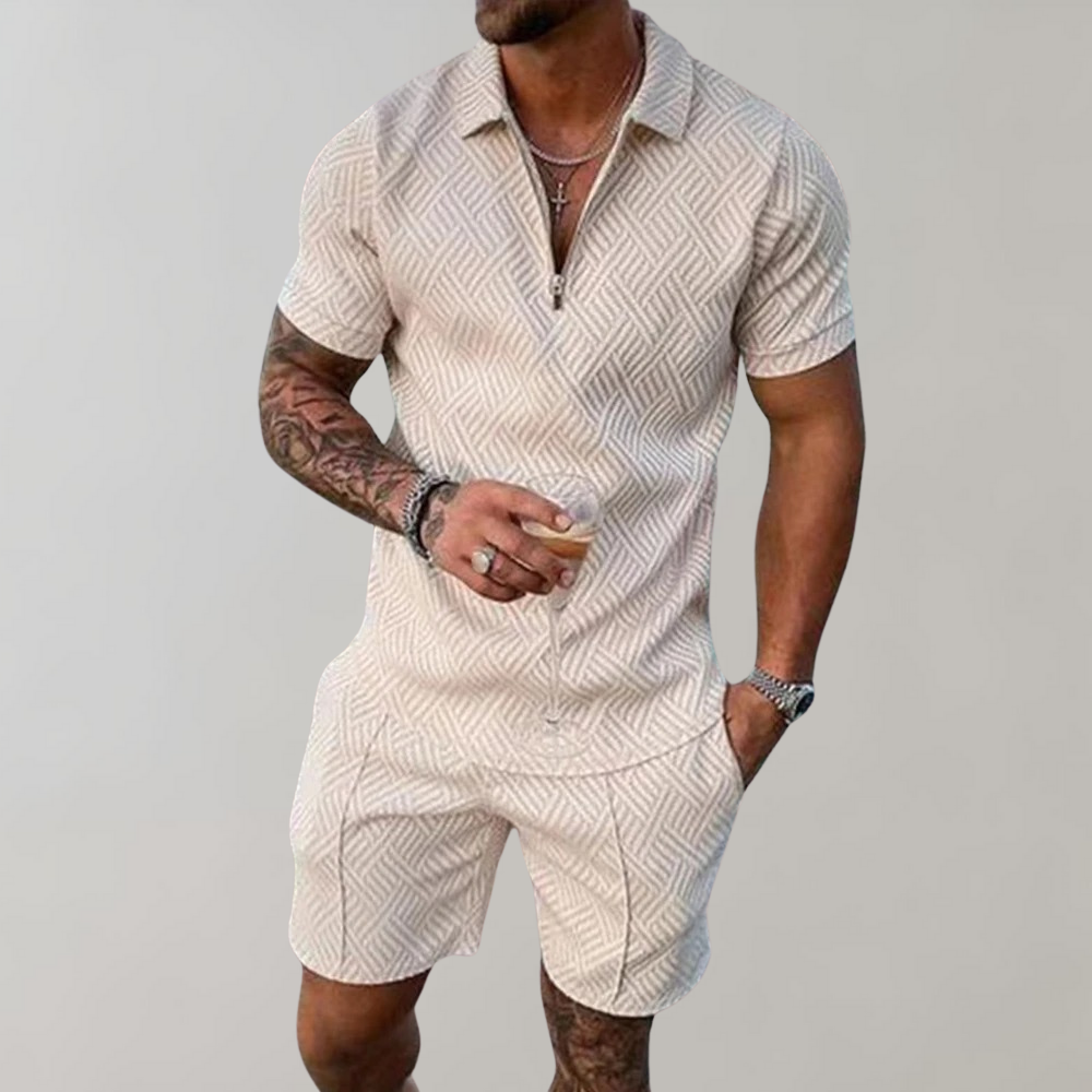 Men's Summer Two-Piece Set (Shorts + Polo Shirt) Beige