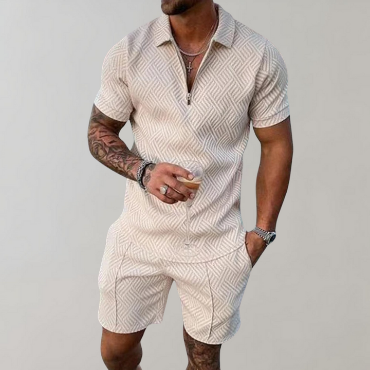 Men's Summer Two-Piece Set (Shorts + Polo Shirt) Beige