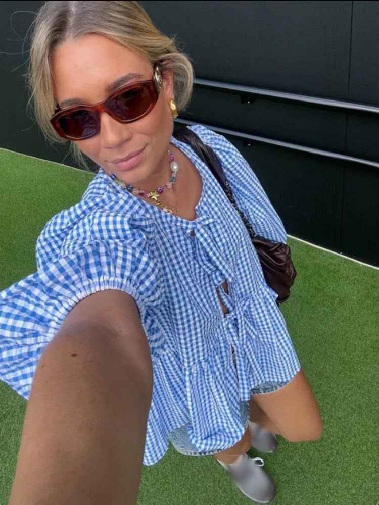 Women's Lightweight Striped Blouse with Puff Sleeves - Loose Fit Blue White
