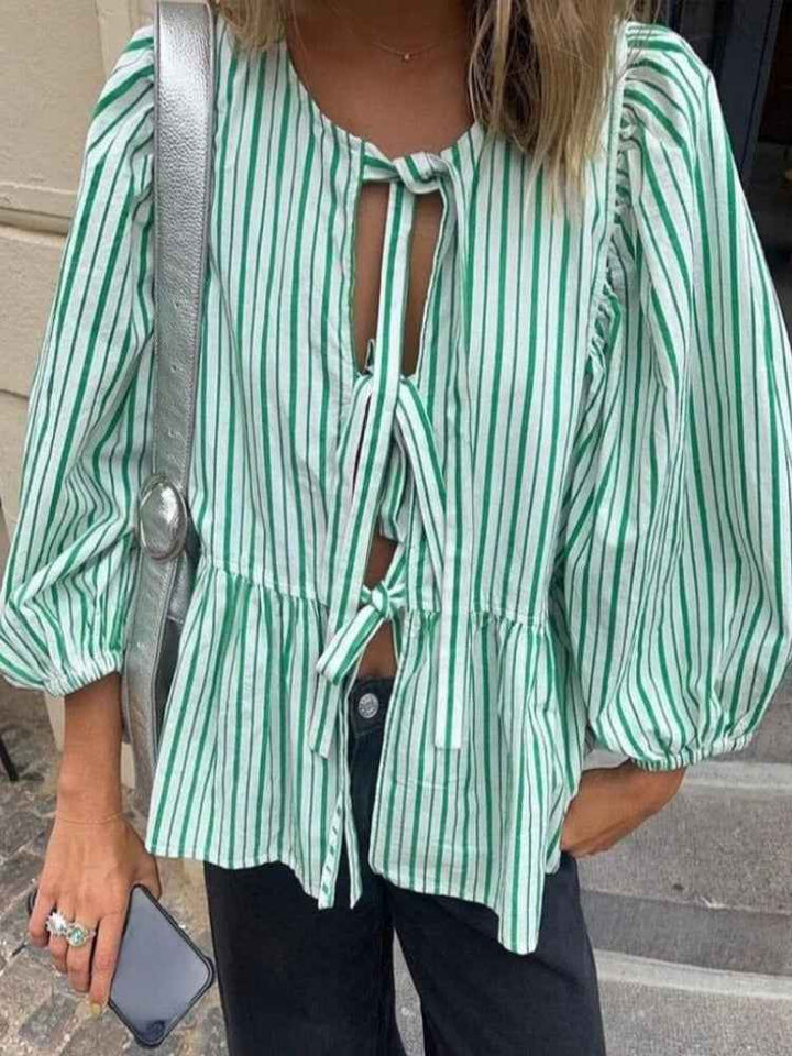 Women's Lightweight Striped Blouse with Puff Sleeves - Loose Fit Green White
