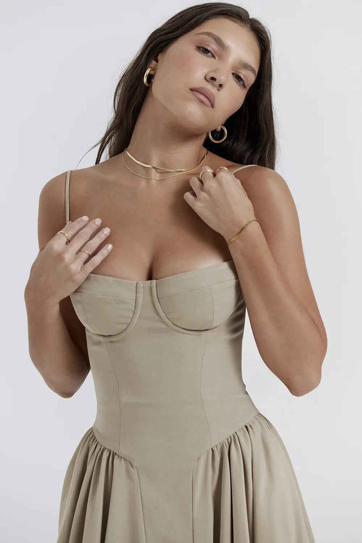 Women's Fitted Midi Dress with Spaghetti Straps and Pleated Flared Skirt