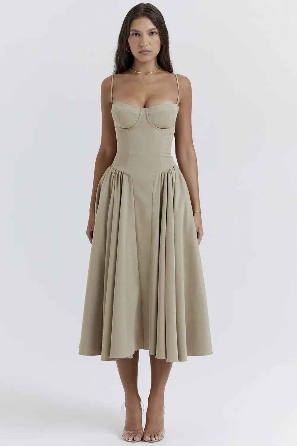 Women's Fitted Midi Dress with Spaghetti Straps and Pleated Flared Skirt Beige