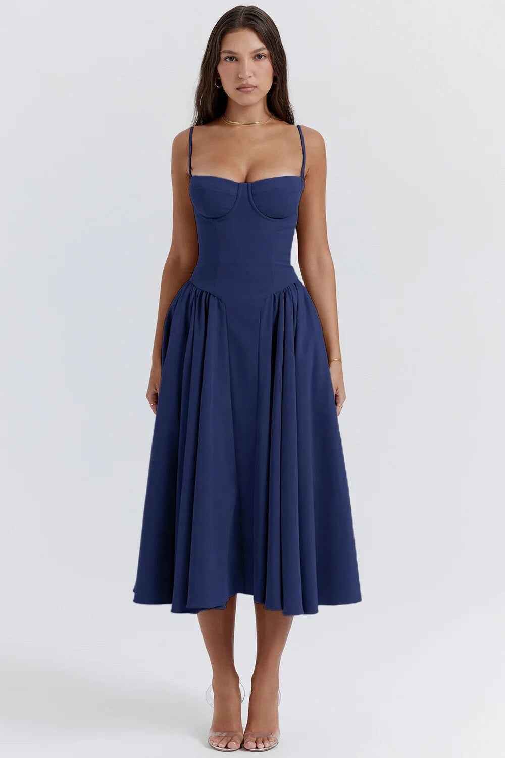 Women's Fitted Midi Dress with Spaghetti Straps and Pleated Flared Skirt Marine Blue