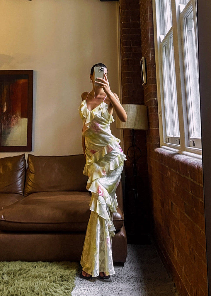 Mea | Women's Yellow Chiffon Maxi Dress with Ruffles