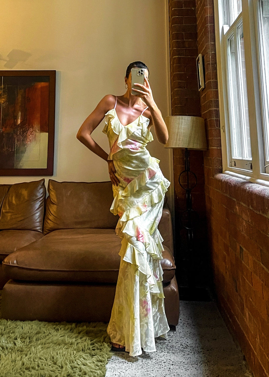 Mea | Women's Yellow Chiffon Maxi Dress with Ruffles