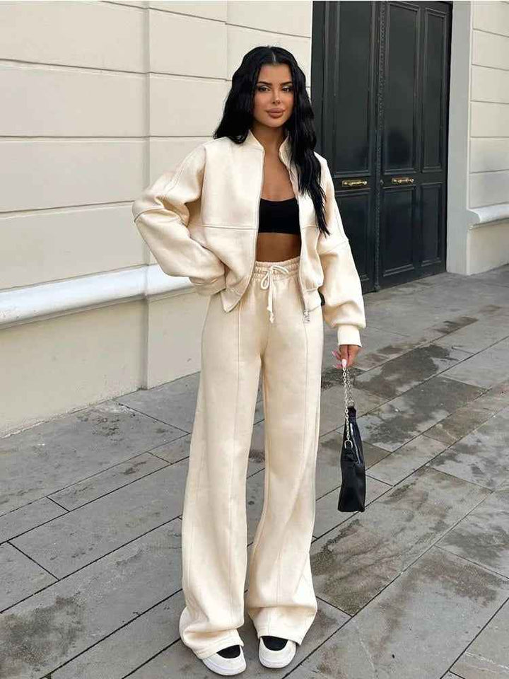 Women's Oversized Zipper Sweatshirt & High Waist Wide-Leg Pants Lounge Set - Comfortable Fit