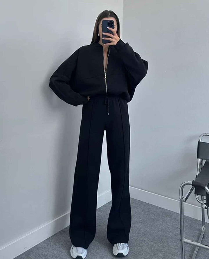 Women's Oversized Zipper Sweatshirt & High Waist Wide-Leg Pants Lounge Set - Comfortable Fit Black