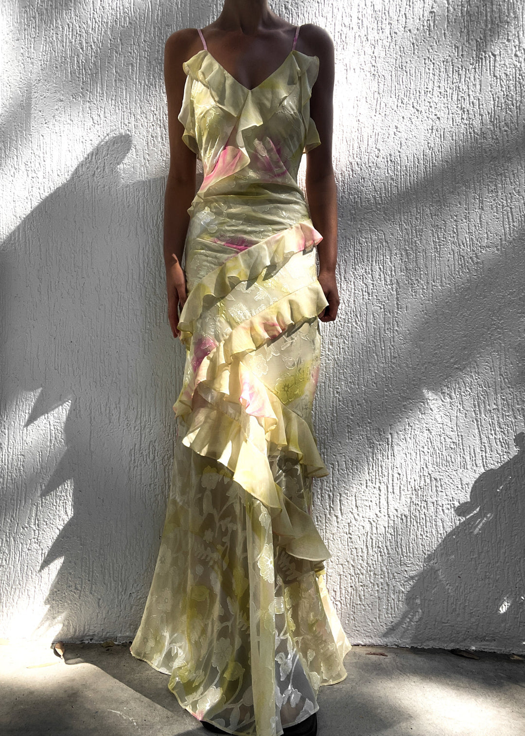 Mea | Women's Yellow Chiffon Maxi Dress with Ruffles Yellow