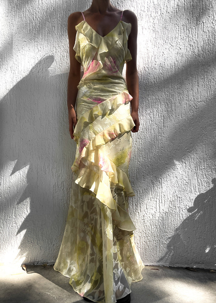 Mea | Women's Yellow Chiffon Maxi Dress with Ruffles Yellow