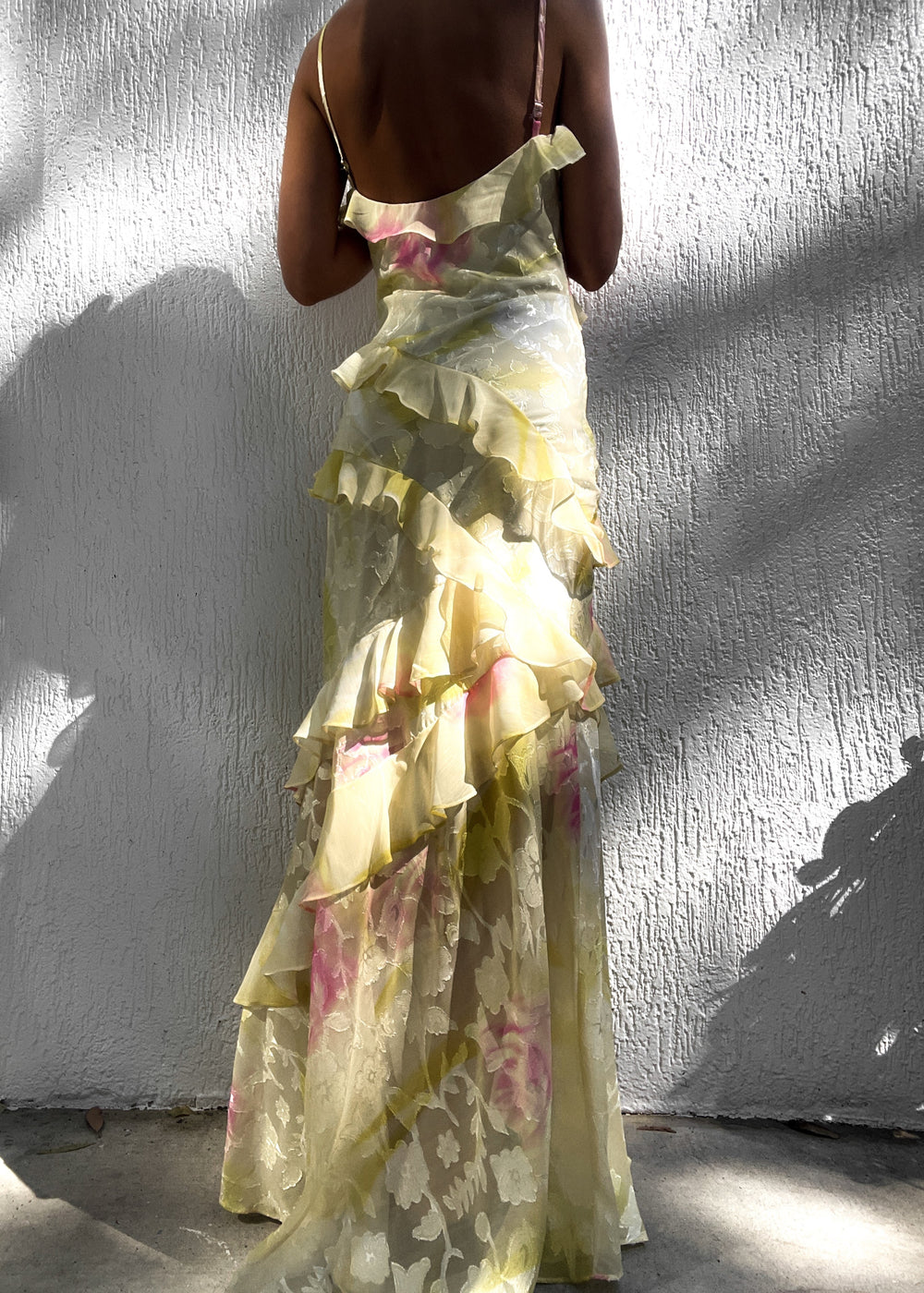 Mea | Women's Yellow Chiffon Maxi Dress with Ruffles