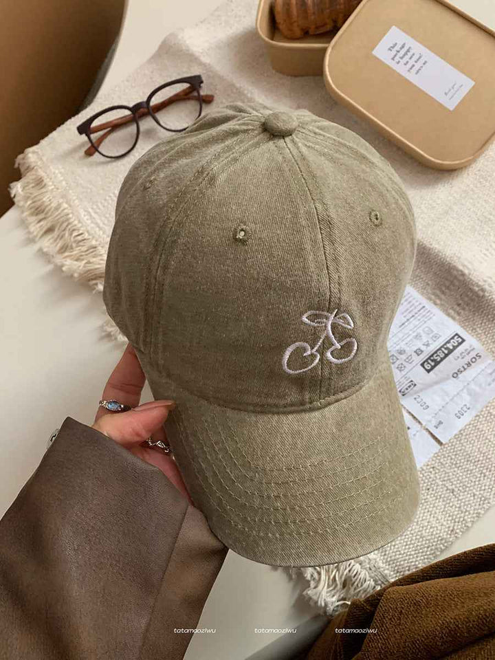 Ins Cherry Embroidered Baseball Cap Soft Top Wide Brim Cover Face Peaked Cap Khaki Adjustable 54 To60cm