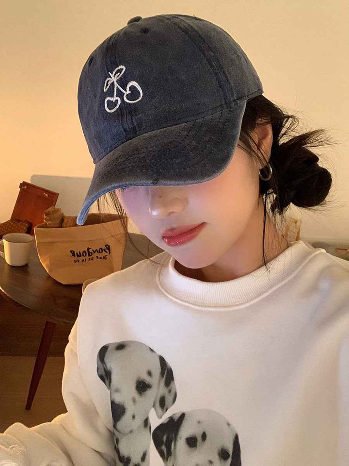 Ins Cherry Embroidered Baseball Cap Soft Top Wide Brim Cover Face Peaked Cap Black Adjustable 54 To60cm