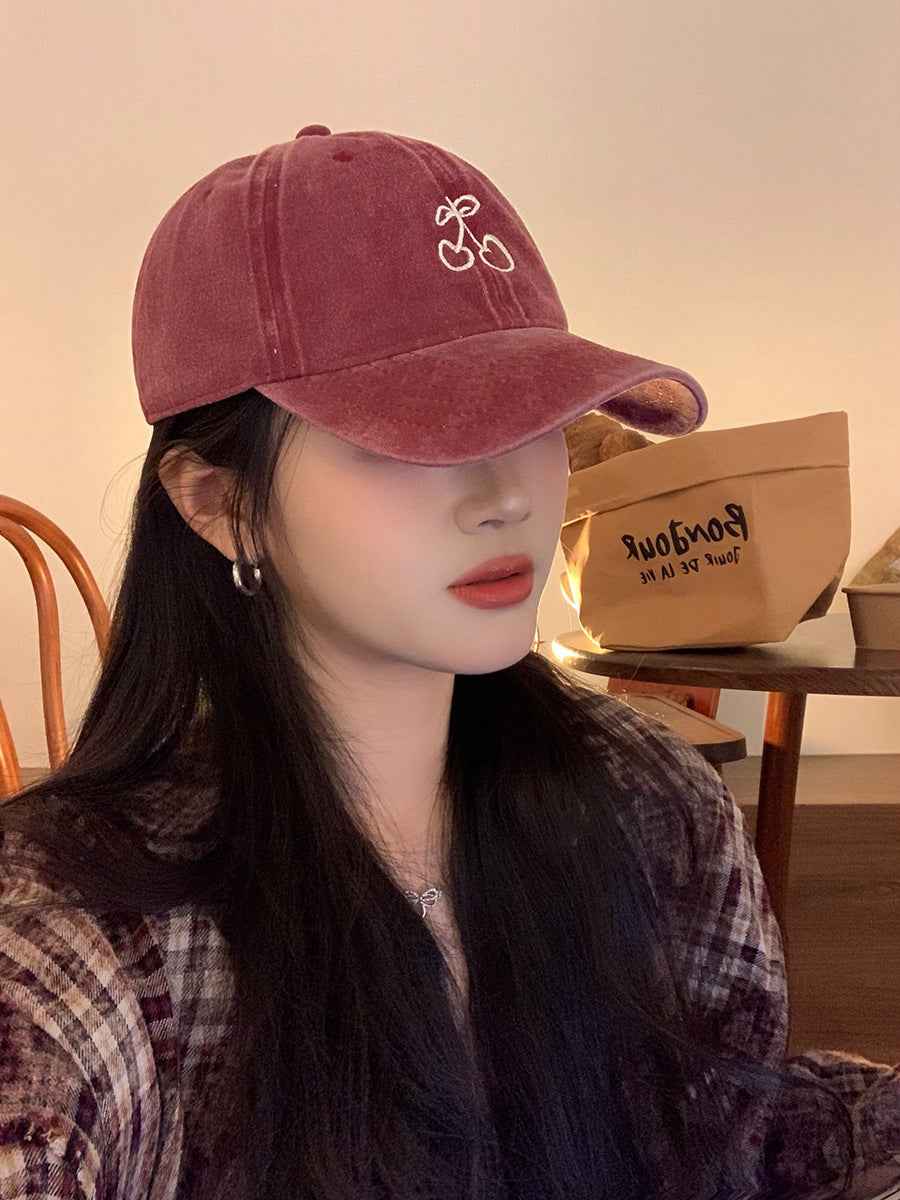 Ins Cherry Embroidered Baseball Cap Soft Top Wide Brim Cover Face Peaked Cap Red Adjustable 54 To60cm