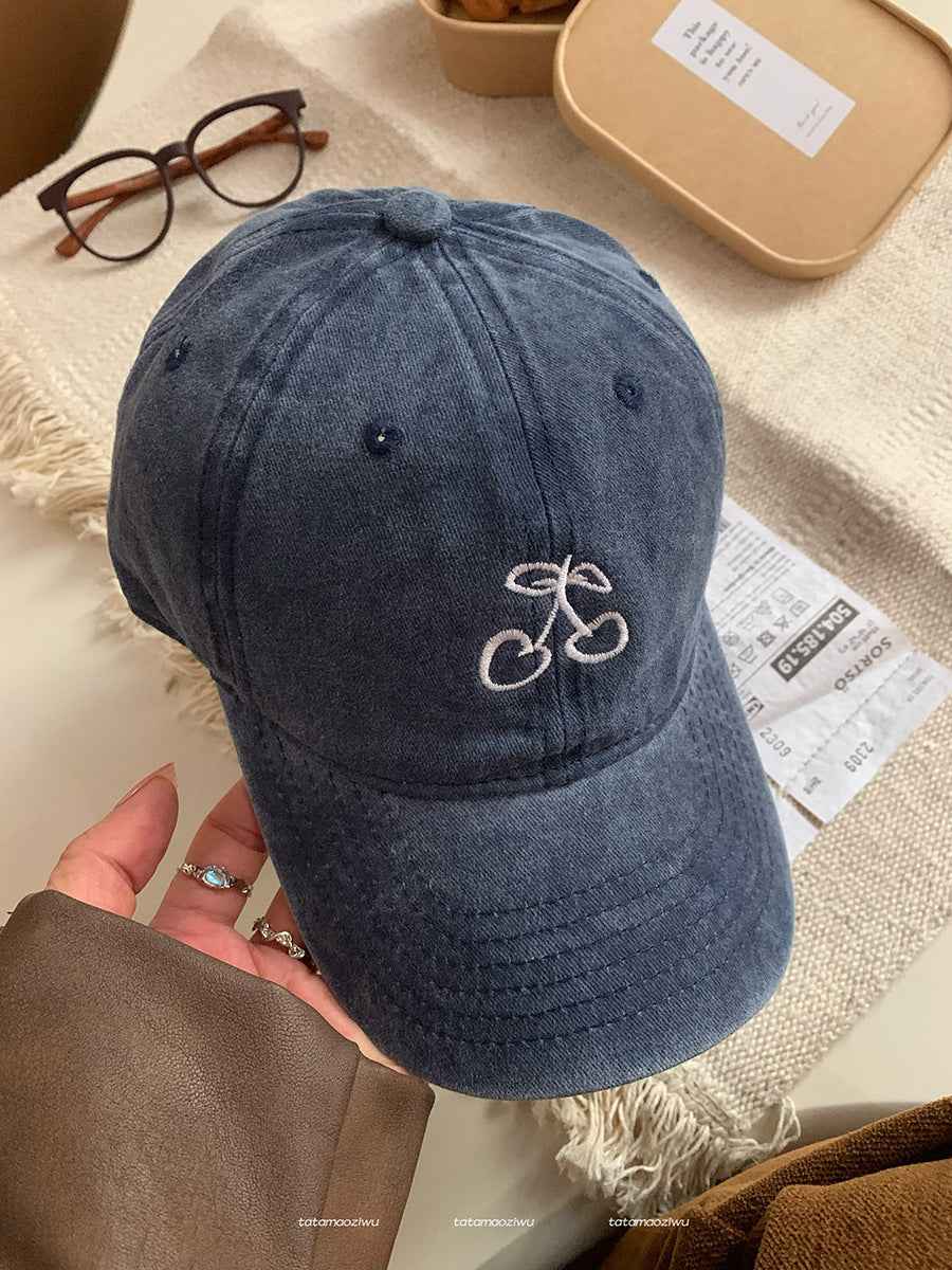 Ins Cherry Embroidered Baseball Cap Soft Top Wide Brim Cover Face Peaked Cap Navy Blue Adjustable 54 To60cm