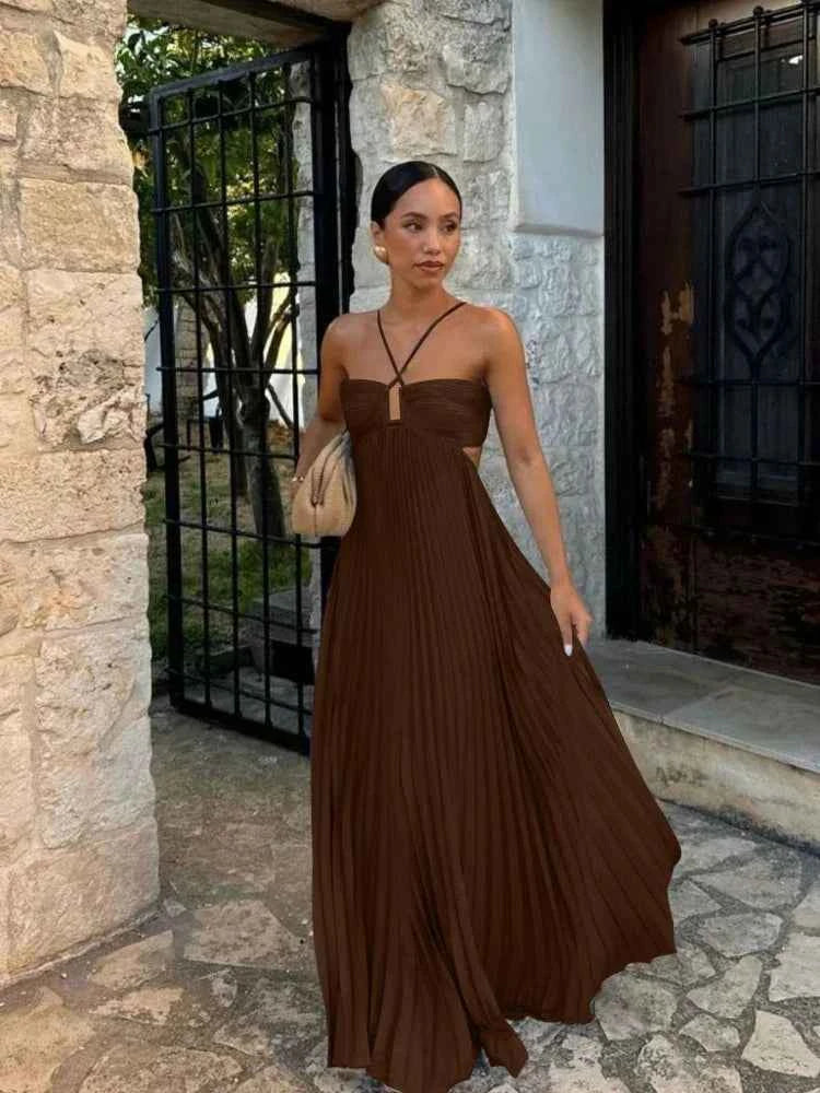 Irene | Elegant Pleated Maxi Dress for Any Occasion Coffee