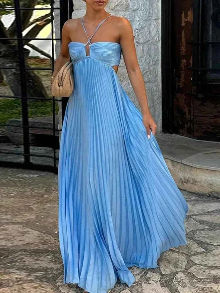 Irene | Elegant Pleated Maxi Dress for Any Occasion Blue