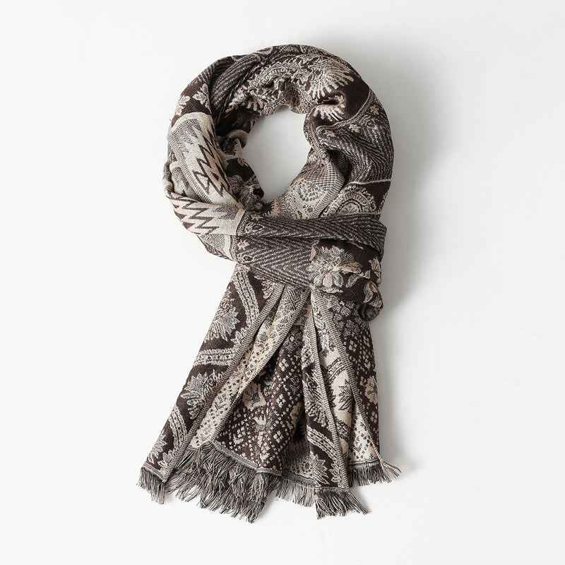 Jacquard Pattern Fringe Scarf with Draped Design Brown One size