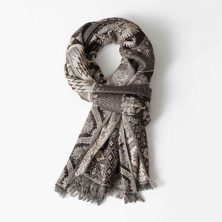Jacquard Pattern Fringe Scarf with Draped Design Brown One size