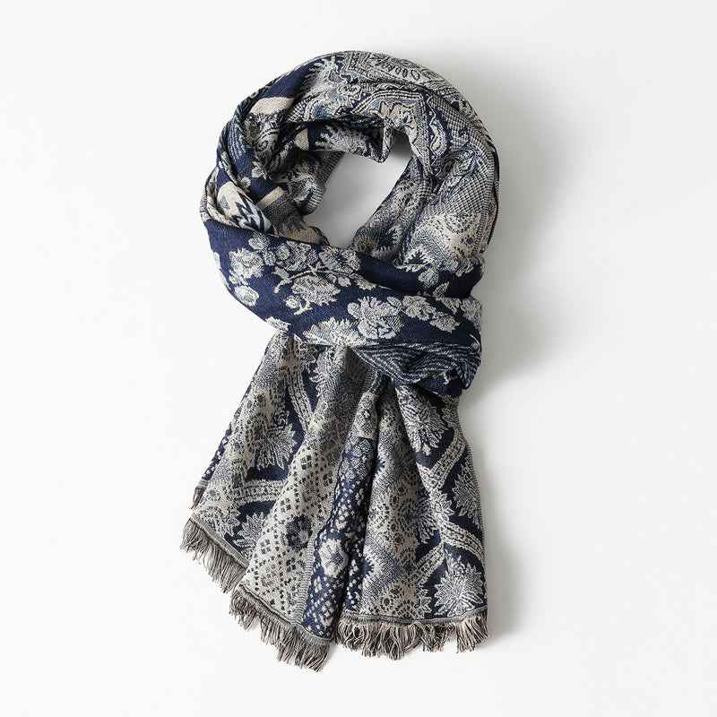 Jacquard Pattern Fringe Scarf with Draped Design Blue One size