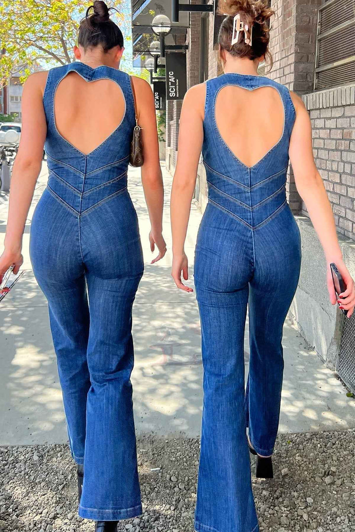 Women's Denim Jumpsuit – Deep V-Neck, Flared Legs, Tailored Fit, Zip Closure