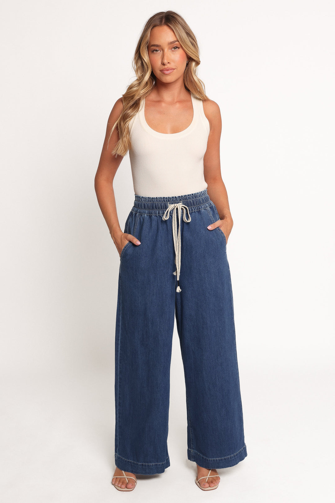Women's High-Waisted Wide Leg Denim Pants with Elastic Waist