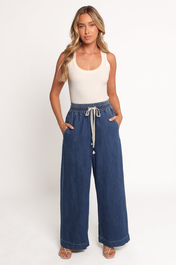 Women's High-Waisted Wide Leg Denim Pants with Elastic Waist