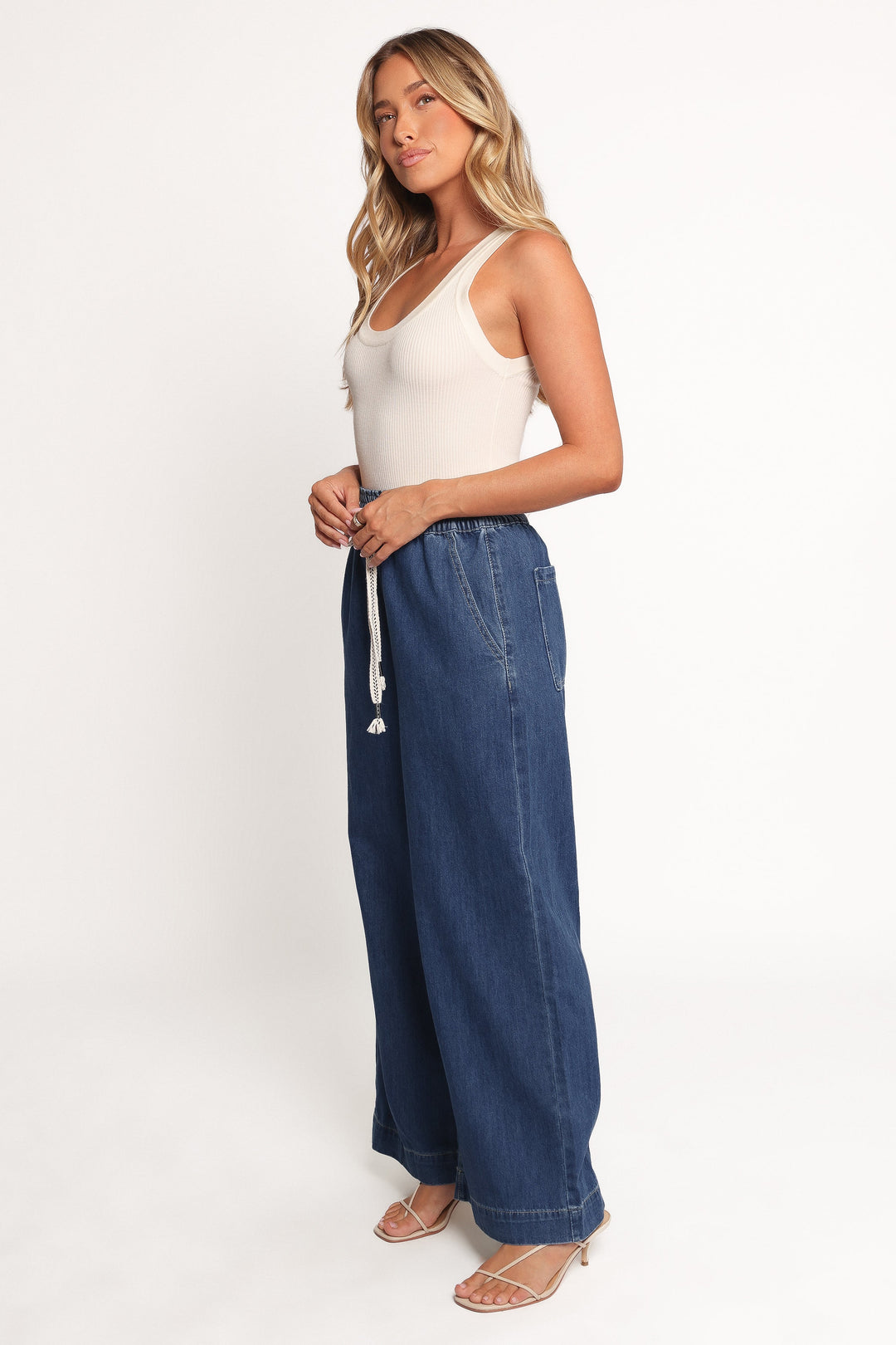 Women's High-Waisted Wide Leg Denim Pants with Elastic Waist