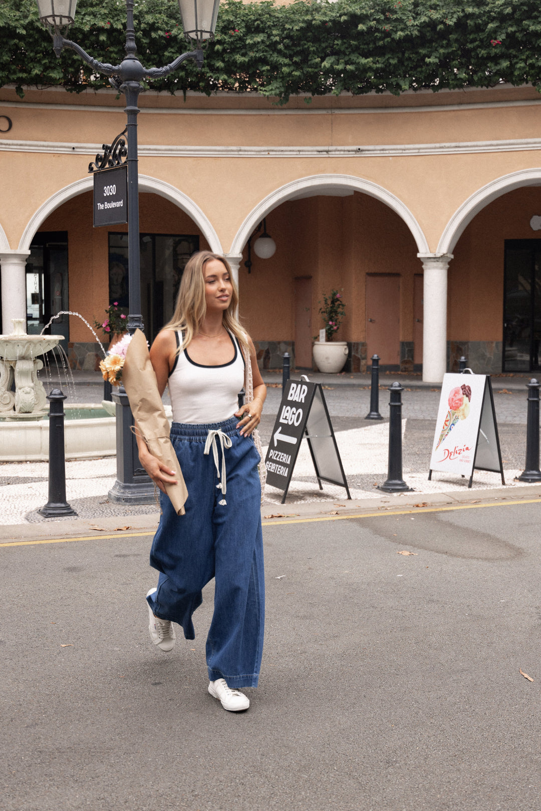 Women's High-Waisted Wide Leg Denim Pants with Elastic Waist