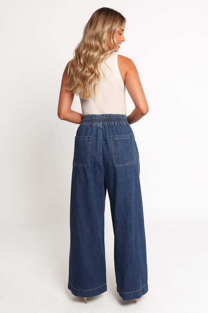 Women's High-Waisted Wide Leg Denim Pants with Elastic Waist